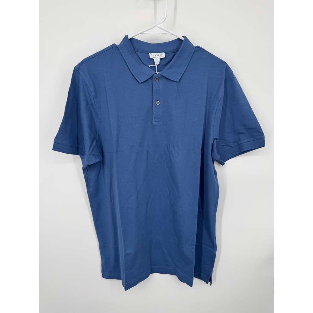 NWT Sunspel Pique Polo Shirt‎ Men's Large Blue Short Sleeve Performance Golf